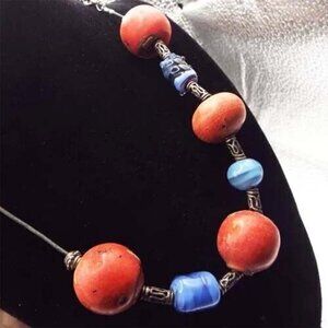 RED CORAL APPLE BALLS & BLUE ARTGLASS BEADS STERLING SILVER SPACERS NECKLACE 19